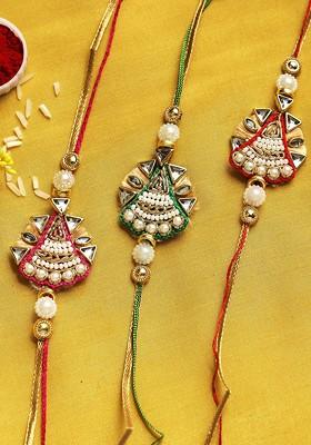 Set Of 3 Gold Toned And Red Beaded Embellished Rakhi
