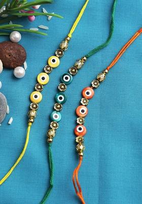 Set Of 3 Multicolored Evil Eye Thread Rakhi
