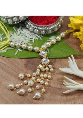 Men White And Gold Stone Studded Lumba Rakhi