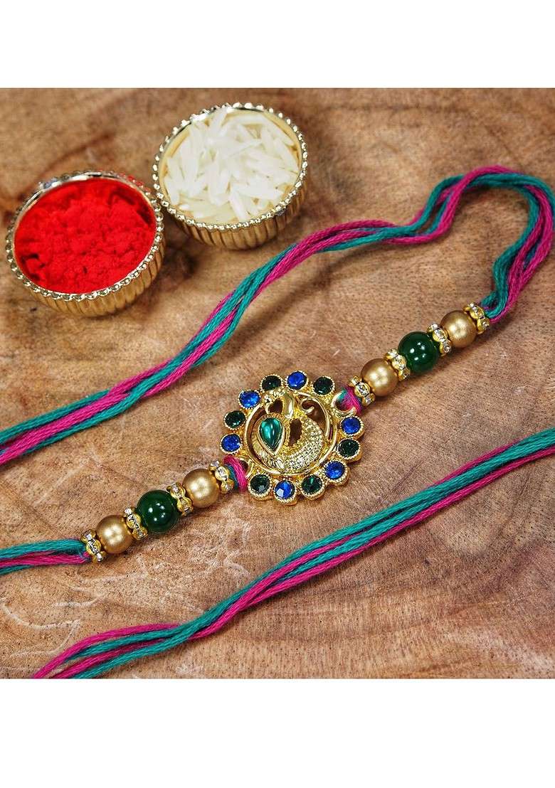 Men Set Of 2 Green And Gold Toned Stone Studded And Pearl Rakhi With Rolichawal - Indya