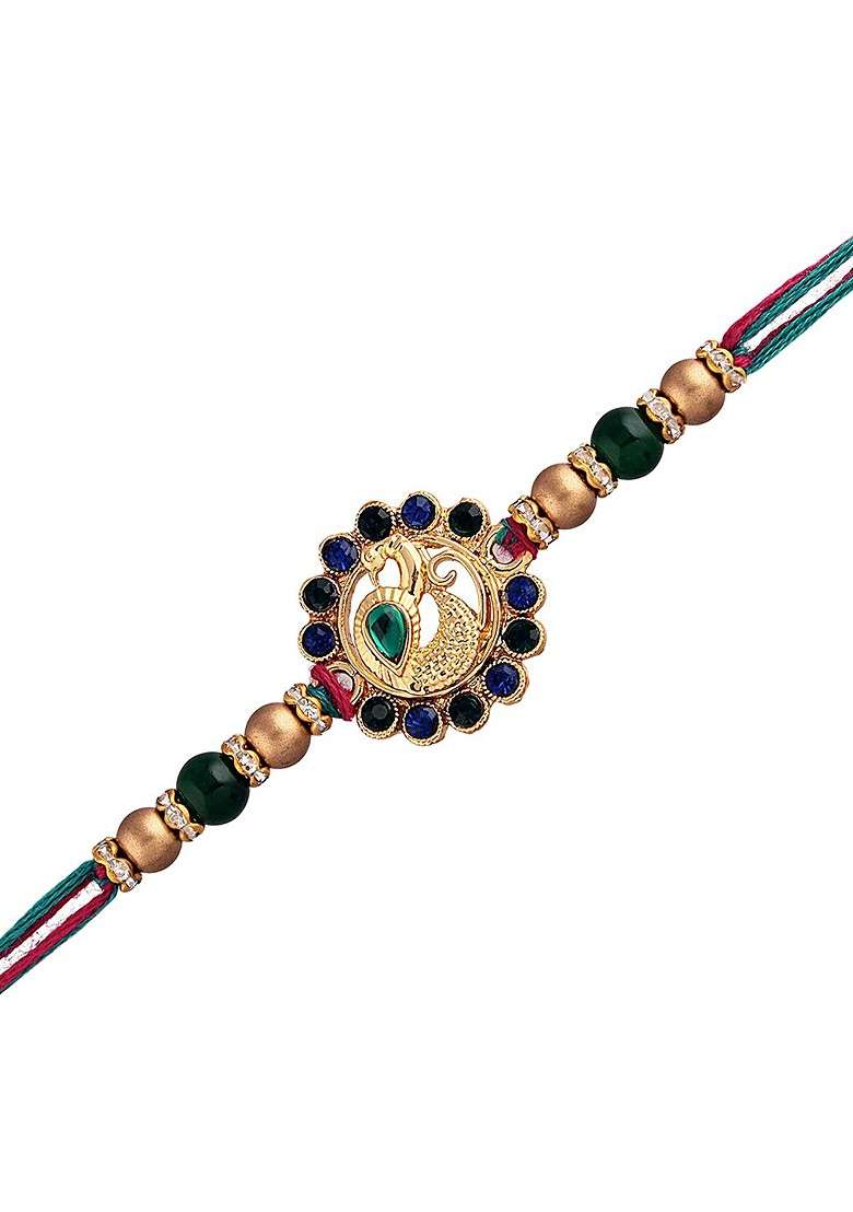 Men Set Of 2 Green And Gold Toned Stone Studded And Pearl Rakhi With Rolichawal - Indya