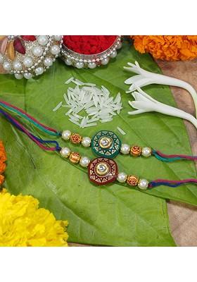 Red Set Of 2 Pearl Studded And Beaded Lumba And Rakhi