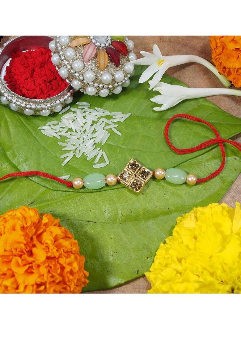 Green And Gold Toned Set 2 Pearl Studded And Beaded Lumba Rakhi With Greetings Card - Indya