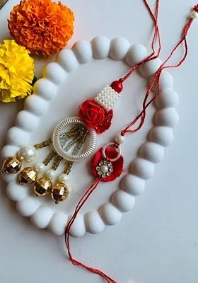 Men Red Set Of 2 Pearl Studded And Beaded Lumba And Rakhi
