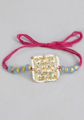 Gold Toned And Blue Beaded And Studded Rakhi
