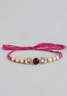 Gold Toned And White Beads Studded Rakhi