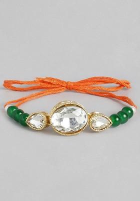 Gold Toned And Green Studded Rakhi