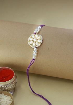 Gold Toned And White Floral Studded Rakhi