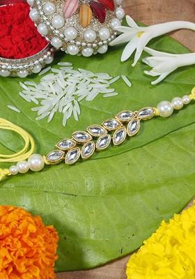 Men Gold Plated White Pearl Rakhi Bracelet