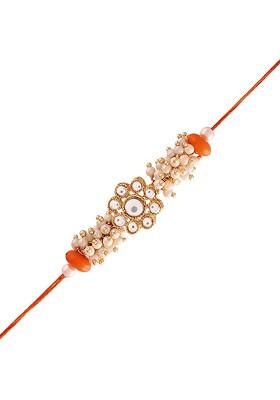 Men Gold Plated Orange Pearl Beaded Rakhi