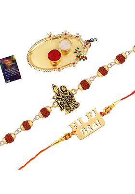 Set Of 2 Red And Gold Toned Stone Studded Rakhi Gift Set