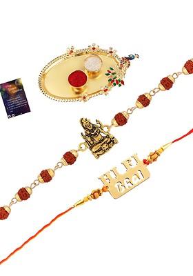 Red And Gold Toned 2 Rakhi With Pooja Thali Roli Chawal And Greeting Card
