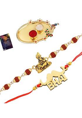 Red And Gold Toned 2 Rakhi With Pooja Thali Roli Chawal And Greeting Card