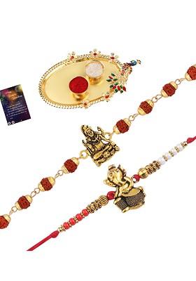 Set Of 2 Red And Gold Toned Rakhi With Roli Chawal Pooja Thali And Greeting Card
