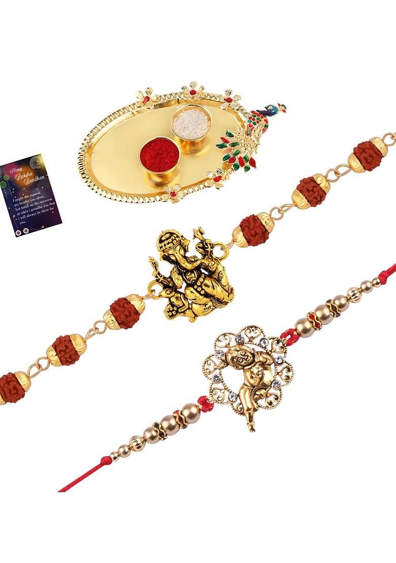 Pack Of 2 Gold Toned Rakhi With Roli Chawal Thali And Card - Indya