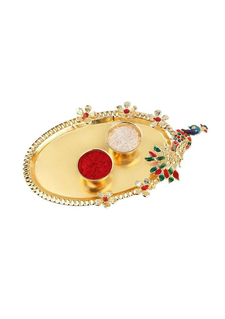 Pack Of 2 Gold Toned Rakhi With Roli Chawal Thali And Card - Indya