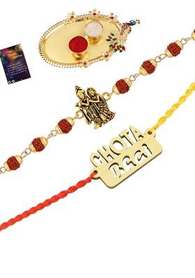 Set Of 2 Red And Gold Toned Stone Studded Rakhi Gift Set