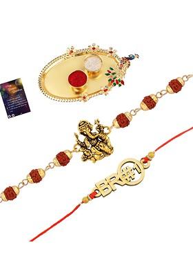 Set Of 2 Multicoloured Rakhi With Pooja Thali