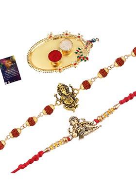 Red And Gold Toned 2 Rakhi With Pooja Thali Roli Chawal And Greeting Card
