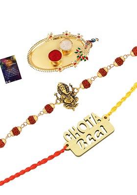 Set Of 2 Red And Gold Toned Stone Studded Rakhi Gift Set