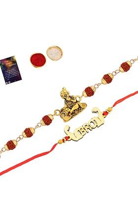 Red And Gold Toned 2 Rakhi With Roli Chawal And Greeting Card