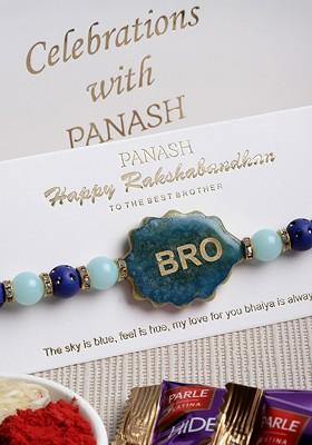 Men Gold Plated Blue Pearl Beaded Bro Desisgnd Rakhi