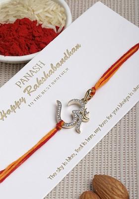 Men Red And Gold Toned Ad Studded Om Convertible Pendant Rakhi With Rolichawal