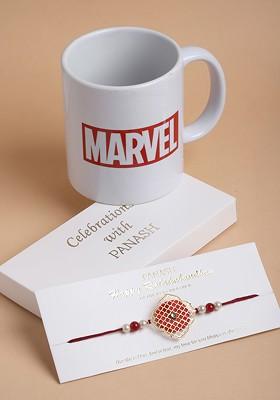 Gold Plated Red And White Pearls Rakhi With Mug Gift Set