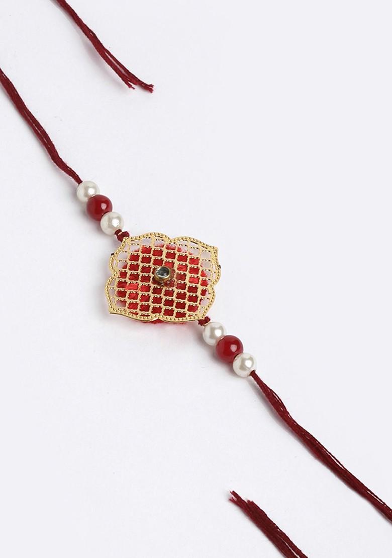 Gold Plated Red And White Pearls Rakhi With Mug Gift Set - Indya