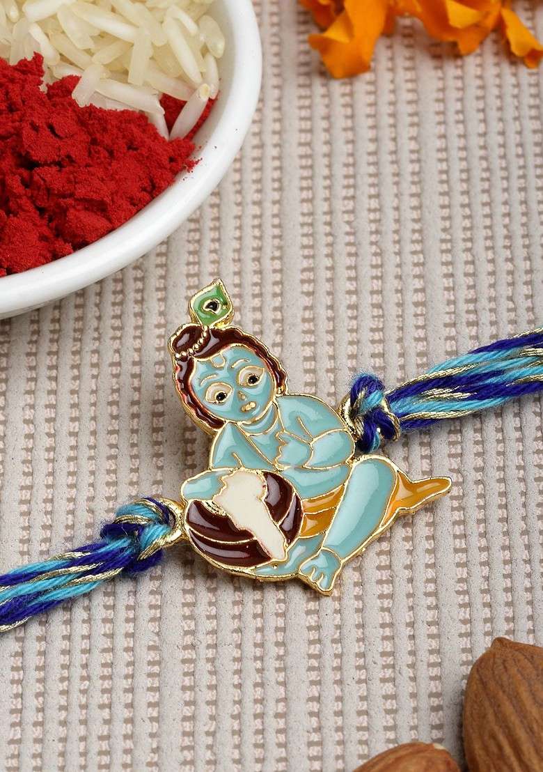 Men Gold Toned And Blue Bal Gopal Rakhi With Roli Chawal - Indya