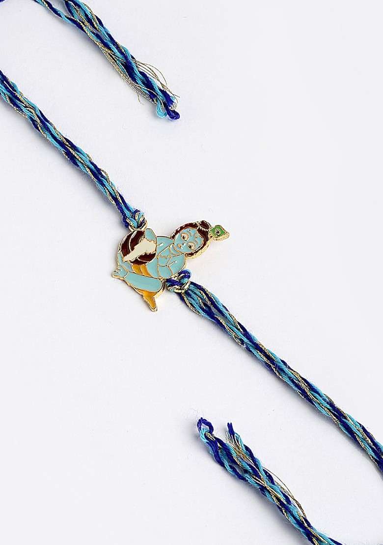 Men Gold Toned And Blue Bal Gopal Rakhi With Roli Chawal - Indya