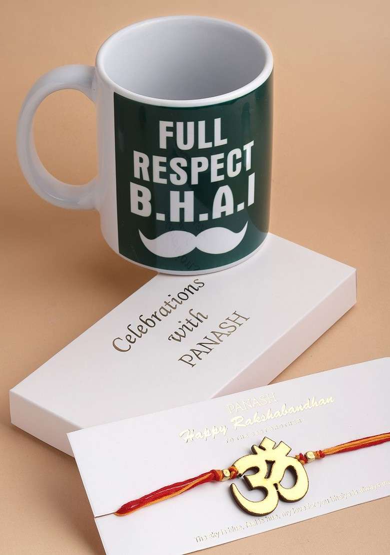 Men Om Handcrafted Rakhi With Mug Gift Set - Indya
