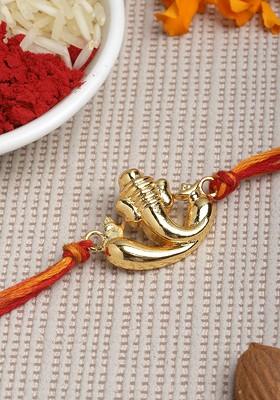 Men Gold Toned And Red God Ganesha Charm Convertible Pendant Rakhi With Roli Chawal
