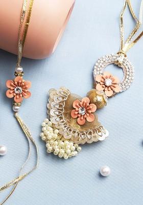 2 Pieces Handcrafted Peachy Flower Beaded Bhaiya Bhabhi Rakhi Set