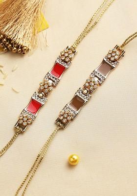 Set Of 2 Red And Gold Toned Flower Beaded And Studded Rakhis