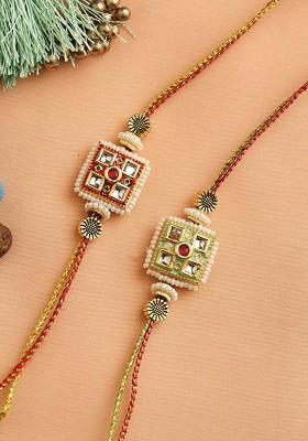 Set Of 2 Red And Green Square Shaped Kundan Rakhi