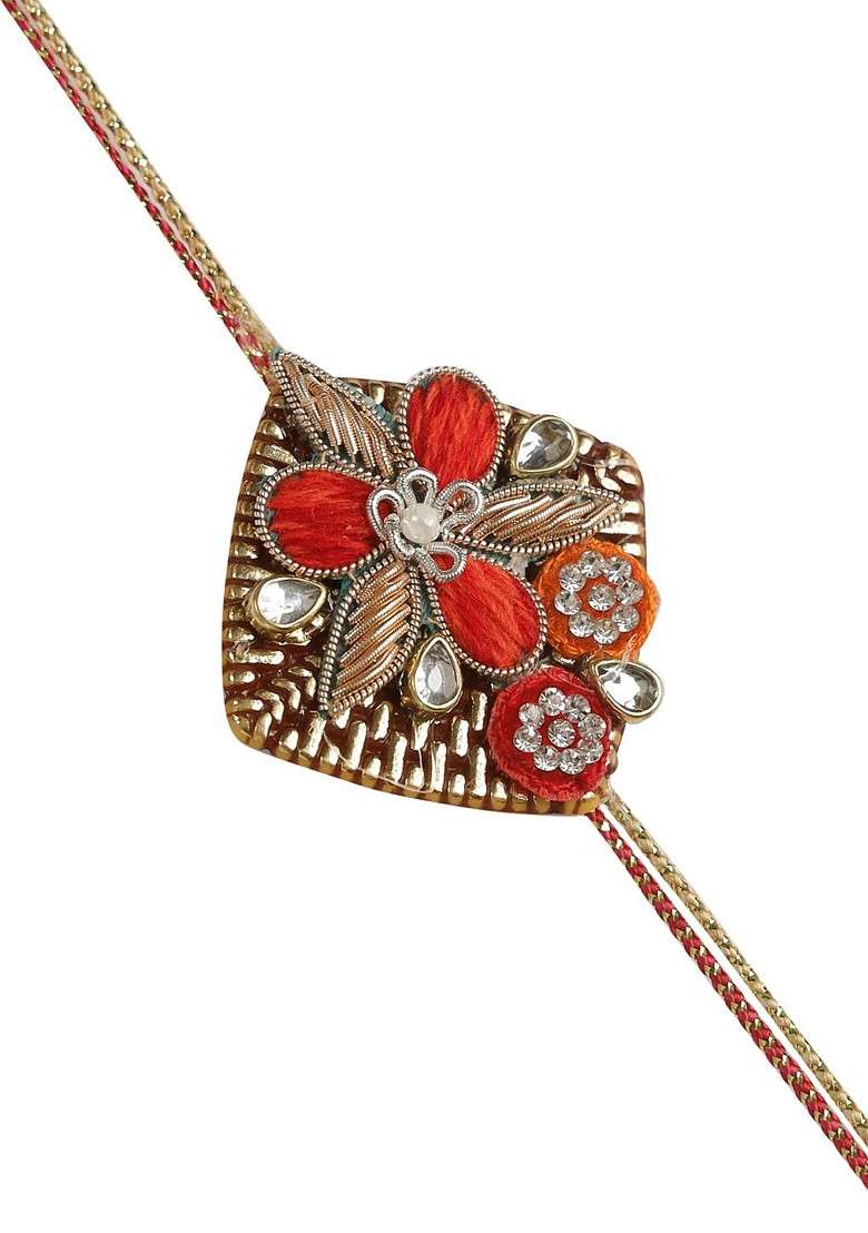 Set Of 2 Red And Silver Toned Stone Studded Rakhi - Indya