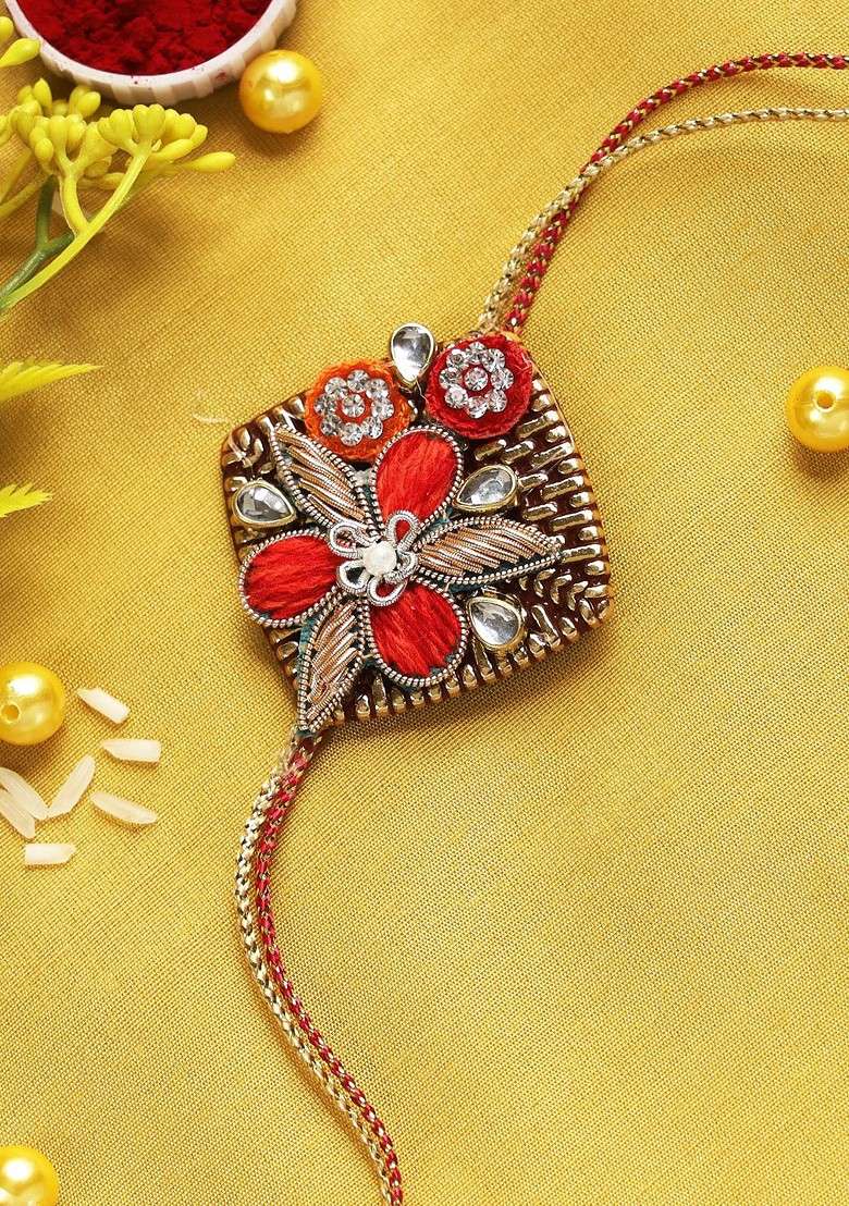 Set Of 2 Red And Silver Toned Stone Studded Rakhi - Indya