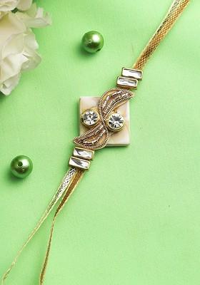 Brown Designer Diamonds And Zardosii Work Rakhi