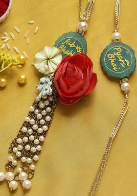 2 Pieces Green And White Pearl And Rose Beaded Bhaiya Bhabhi Rakhi Set