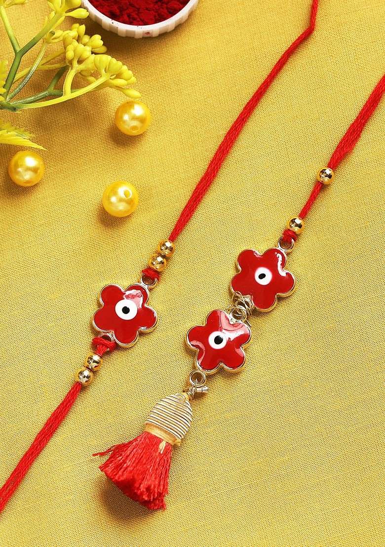 2 Pieces Red Evil Eye Flower Bhaiya Bhabhi Rakhi Set - Indya