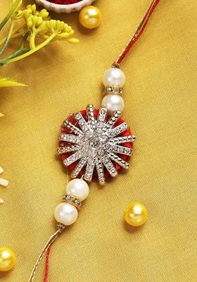 Red And Golden Embellished Floral Rakhi With Roli Chawal And Greetings Card