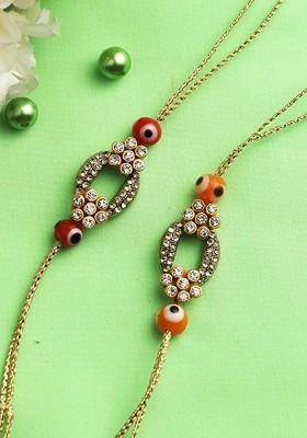 Pack Of 2 Elegant Embellished Flowers Rakhi With Roli Chawal And Card