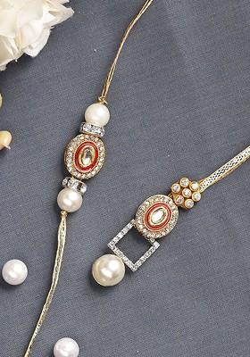 White Diamond Beaded Bhaiya Bhabhi Rakhi Set