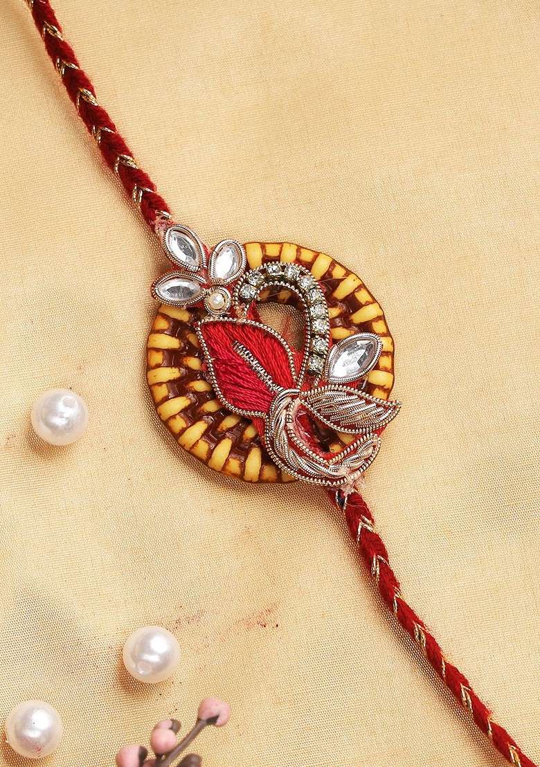Red And Yellow Traditional Beaded Floral Thread Rakhi - Indya