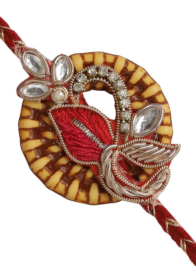 Red And Yellow Traditional Beaded Floral Thread Rakhi