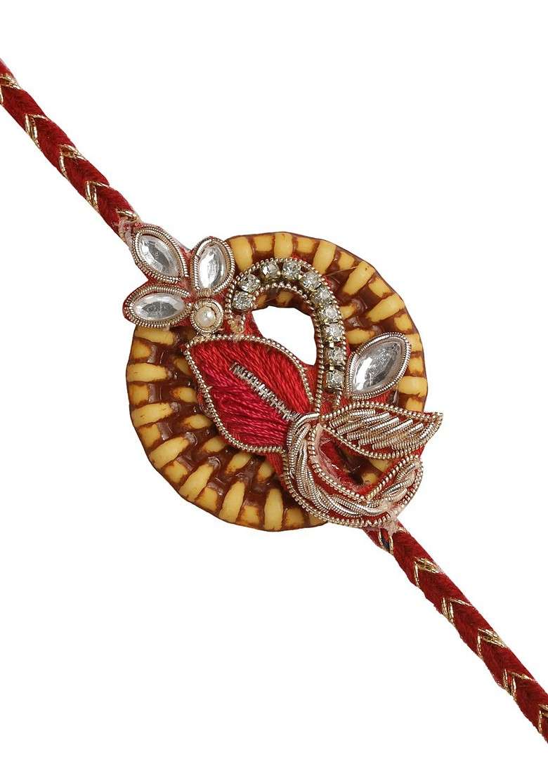 Red And Yellow Traditional Beaded Floral Thread Rakhi - Indya