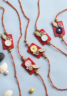 Set Of 5 Red And Gold Toned Studded Rakhis