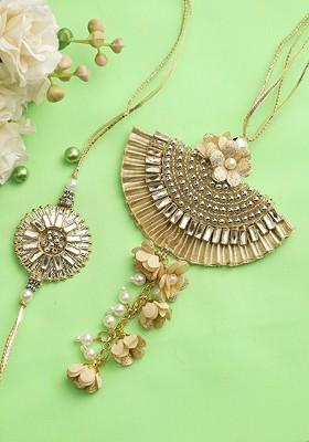 Pack Of 2 Gold Stone Embedded Bhaiya Bhabhi Rakhi Set