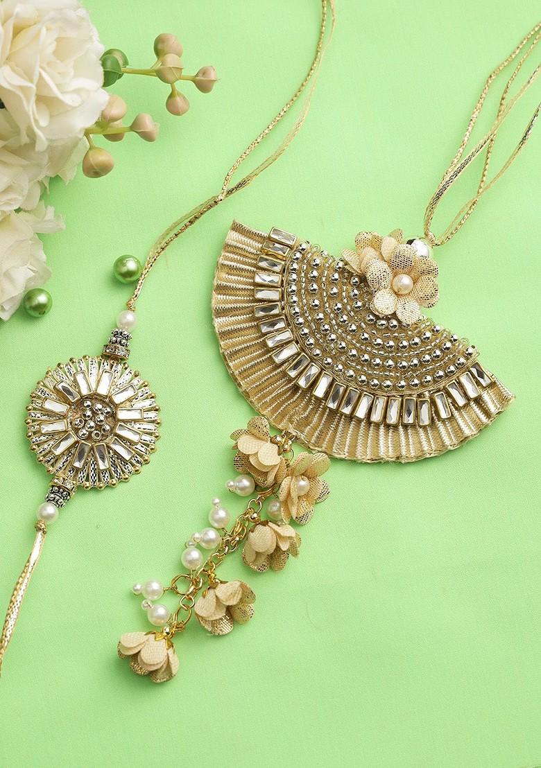 Pack Of 2 Gold Stone Embedded Bhaiya Bhabhi Rakhi Set - Indya